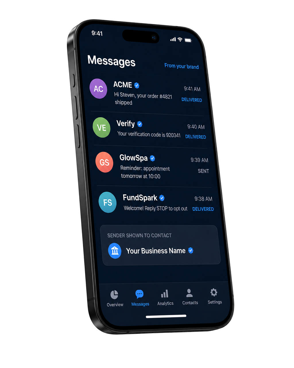 VoisoSMS messaging app showing branded sender IDs and delivery status